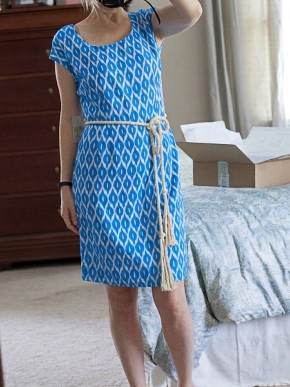 Pomelo - Jocelyn Twine Belted Shift Dress: Blue & White Ikat Print | Size Medium
